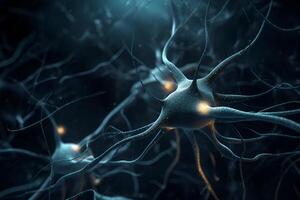 Closeup view of human neurons in brain and neuron connections in 3d illustration photo