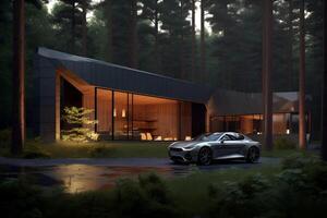 modern eco house in minimalistic design with sport car in front of it and located in the forest photo