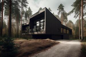modern eco house in minimalistic design with sport car in front of it and located in the forest photo