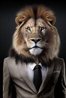 studio portrait of lion in black suit white shirt and tie photo