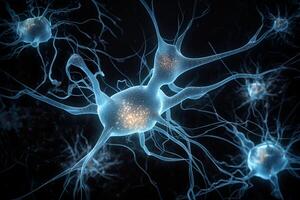 Closeup view of human neurons in brain and neuron connections in 3d illustration photo