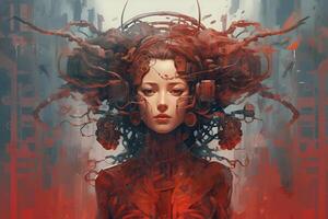 Illustration of artificial intelligence man or woman in digital space photo