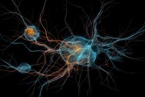 Closeup view of human neurons in brain and neuron connections in 3d illustration photo