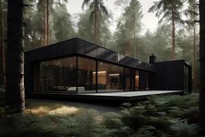 ai generado moderno eco casa en minimalista diseño con deporte coche en frente de eso y situado en el bosque foto