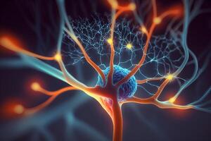 Closeup view of human neurons in brain and neuron connections in 3d illustration photo