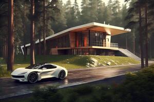 ai generado moderno eco casa en minimalista diseño con deporte coche en frente de eso y situado en el bosque foto