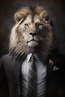 ai generado estudio retrato de león en negro traje blanco camisa y Corbata foto