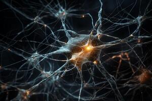 Closeup view of human neurons in brain and neuron connections in 3d illustration photo