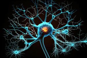 Closeup view of human neurons in brain and neuron connections in 3d illustration photo