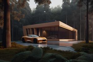 ai generado moderno eco casa en minimalista diseño con deporte coche en frente de eso y situado en el bosque foto