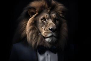 ai generado estudio retrato de león en negro traje blanco camisa y Corbata foto