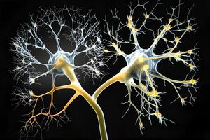 Closeup view of human neurons in brain and neuron connections in 3d illustration photo