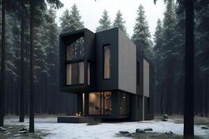 modern eco house in minimalistic design with sport car in front of it and located in the forest photo