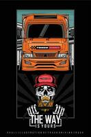 SKULL DRIVING ORANGE TRUCK ILLUSTRATION WITH A BLACK BACKGROUND vector