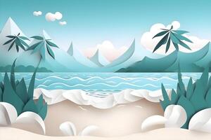 beautiful lonely tropical beach, much green plants, palms, blue sea, blue sky, white clouds, white sand, paper cut style, banner photo