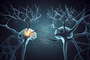 Closeup view of human neurons in brain and neuron connections in 3d illustration photo