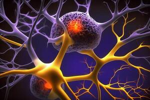 Closeup view of human neurons in brain and neuron connections in 3d illustration photo