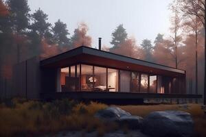 modern eco house in minimalistic design with sport car in front of it and located in the forest photo