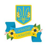 Emblem. Ribbon with sunflower flowers, flag of Ukraine, text Ukraine. vector