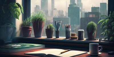 View from a window into a rainy city. Rainy City View, An Illustration of a Plant-Cluttered Desk with a View of a Rainy City Outside the Window. . photo