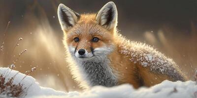 Cute baby fox in snow, winter seasonal theme. . photo