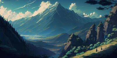 Summer seasonal anime style background, landscape, mountain, lake, and relax vibes anime background or wallpaper. . photo