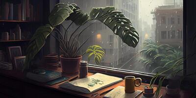 View from a window into a rainy city. Rainy City View, An Illustration of a Plant-Cluttered Desk with a View of a Rainy City Outside the Window. . photo