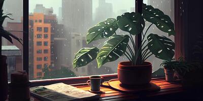 View from a window into a rainy city. Rainy City View, An Illustration of a Plant-Cluttered Desk with a View of a Rainy City Outside the Window. . photo