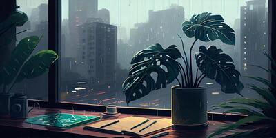 View from a window into a rainy city. Rainy City View, An Illustration of a Plant-Cluttered Desk with a View of a Rainy City Outside the Window. . photo