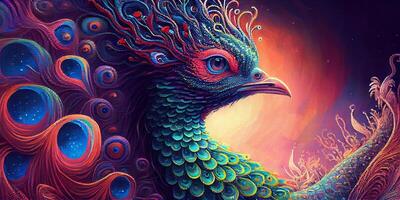 Abstract rainbow colorful of bird close-up illustration creative art. . photo