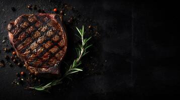 Steak on a dark wooden base with spices. illustration photo