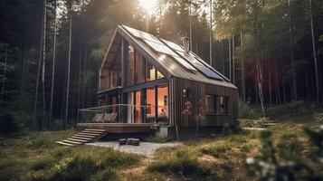 moderno pequeño casa con solar paneles en el bosque. ai generado ilustración foto