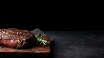Steak on a dark wooden base with spices. illustration photo
