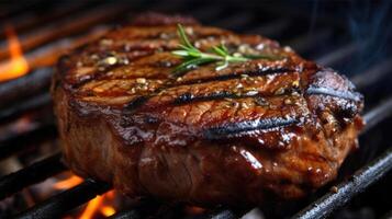 Steak on the grill, in the background you can see the fire slowly smoldering. illustration photo