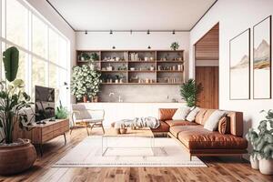 The illustration depicts a modern, well-lit apartment generated by Ai photo