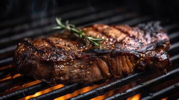 Steak on the grill, in the background you can see the fire slowly smoldering. illustration photo