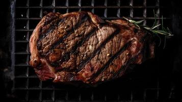 Steak on a dark metal grill base with spices. illustration photo