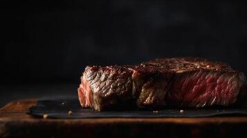 Steak on a dark wooden base with spices. illustration photo