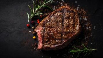 Steak on a dark wooden base with spices. illustration photo