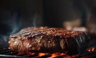 Steak on the grill, in the background you can see the fire slowly smoldering. illustration photo