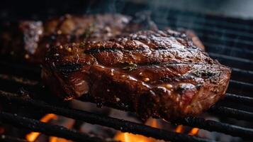 Steak on the grill, in the background you can see the fire slowly smoldering. illustration photo