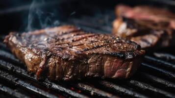 Steak on the grill, in the background you can see the fire slowly smoldering. illustration photo