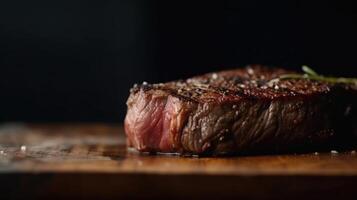 Steak on a dark wooden base with spices. illustration photo