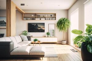 The illustration depicts a modern, well-lit apartment generated by Ai photo