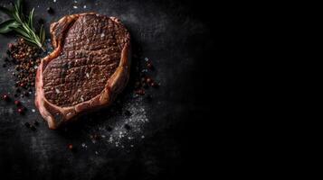 Steak on a dark wooden base with spices. illustration photo