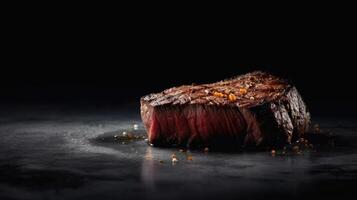 Steak on a dark wooden base with spices. illustration photo