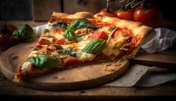 A sliced pizza sitting on top of a wooden cutting board. illustration photo