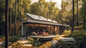 moderno pequeño casa con solar paneles en el bosque. ai generado ilustración foto