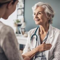 A middle-aged female doctor greets the patient with a gentle smile. She is dressed in a white coat and has a stethoscope around her neck. . photo