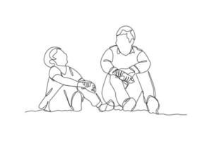 Single one-line drawing father and son sitting relaxed. Father's Day concept. Continuous line draw design graphic vector illustration.